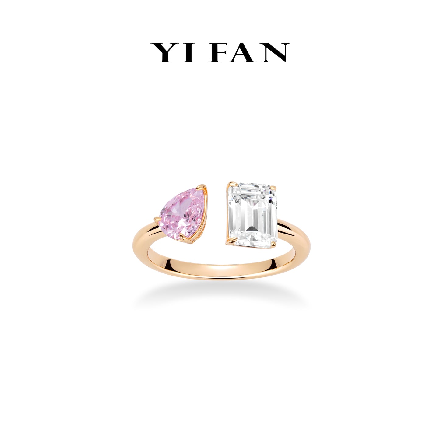 Wedding collection: Modern "Icy Pink Pear & Emerald-cut Champagne 2 Rocks" exquisite Open Ring