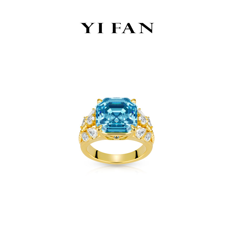 Blue Diamond color collection: Modern "Golden Blue Radiance" exquisite Asscher-cut Ring