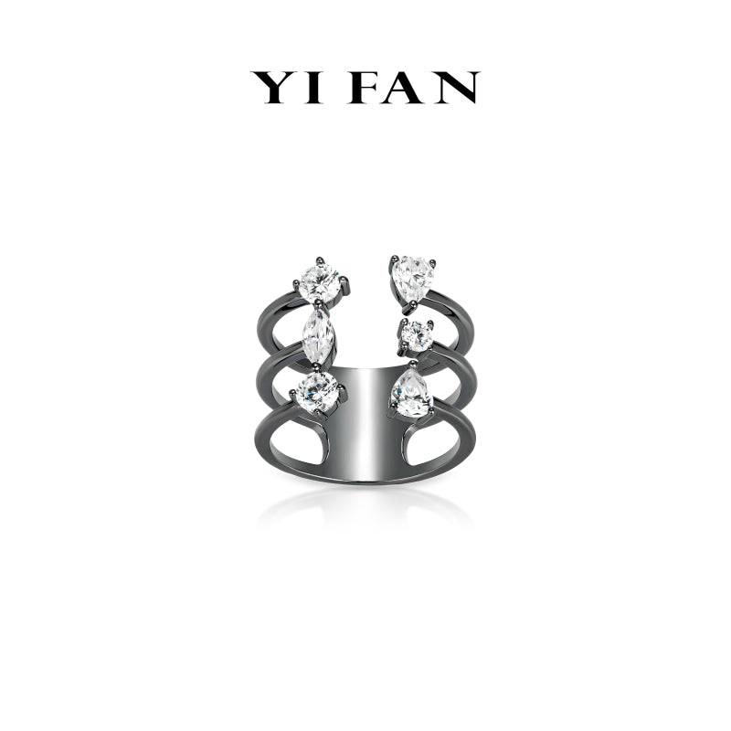 Black and White Geometry Collection: Modern "Black gold Geo - Sparkle" detailed Open Ring