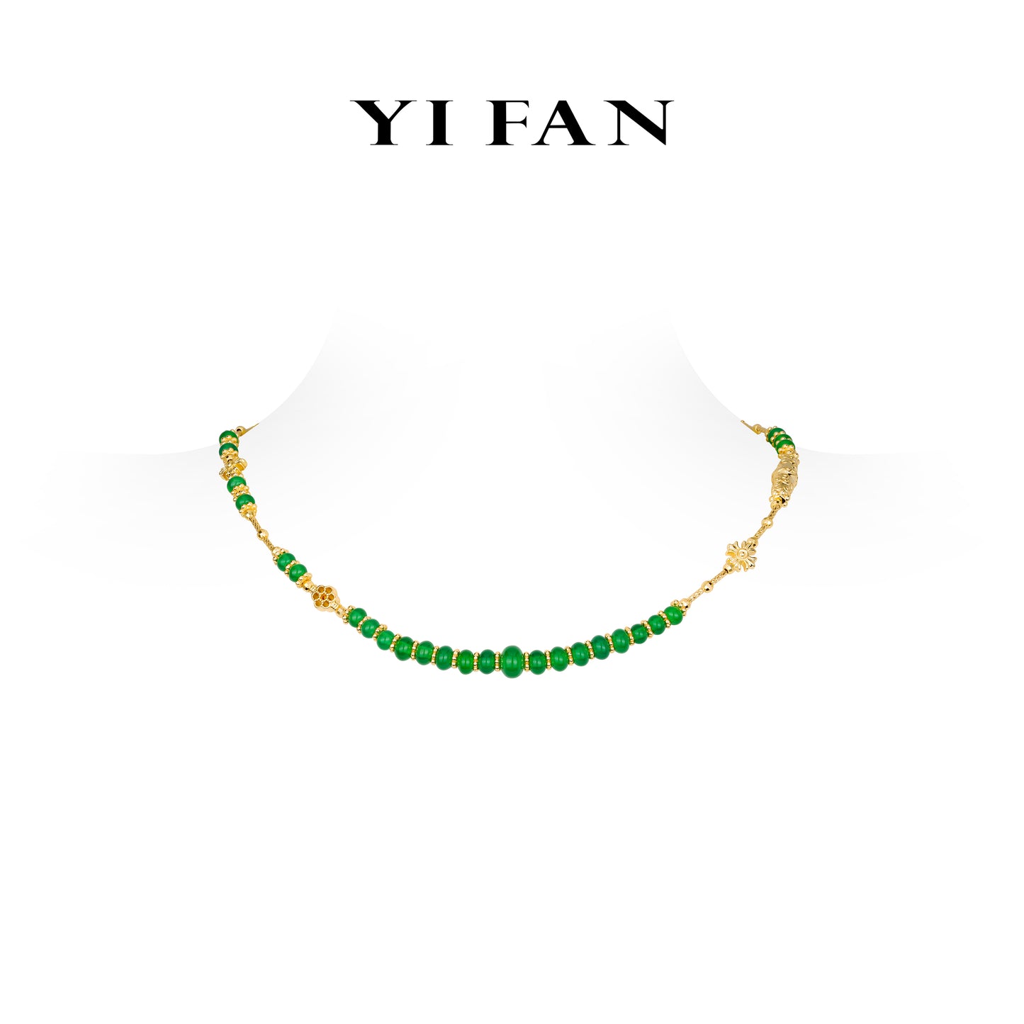 High Jewelry collection: Multi-purpose "Golden Plum treasures with Green jade beads" detailed Necklace/Bracelet