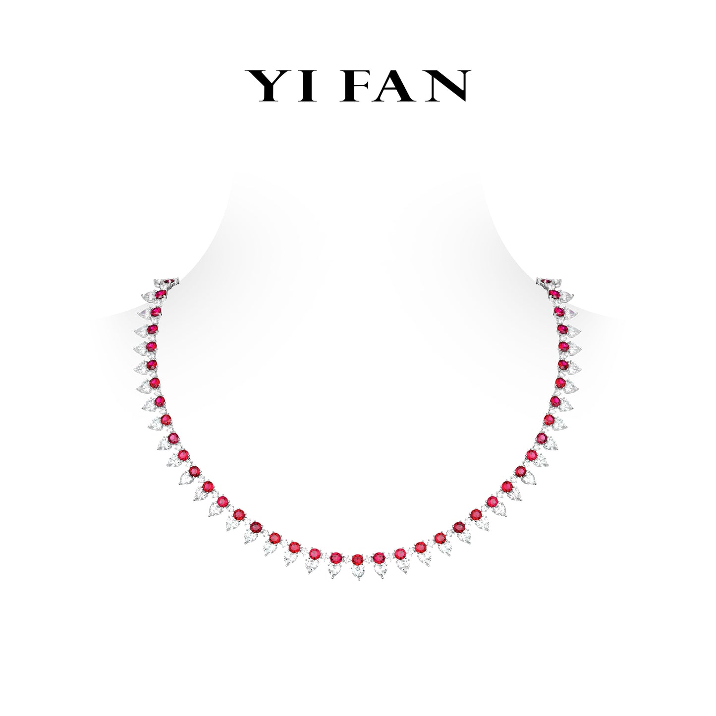 High Jewelry Ruby Color collection: Luxury "Scarlet Flaming Icy White Hearts" detailed Tennis Necklace