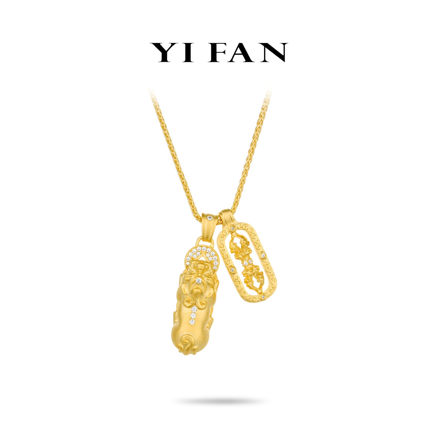 Golden time collection: Multi-purpose Carved "Brushed Treasure Pixiu and Hollowed Vajra Dorje Pestle" detailed Pendant Necklace (Unisex)