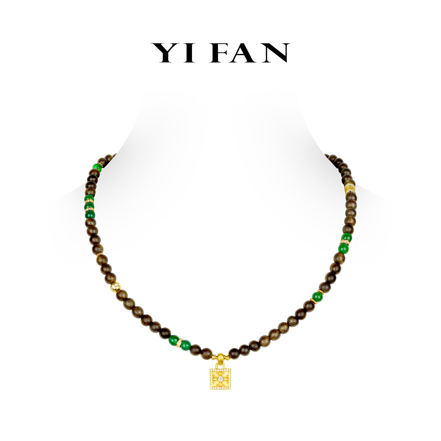 Pre-order High Jewelry collection: Multi-purpose Hand carved "Green jade with Agalloch Eaglewood beads Luxury Golden Bag" detailed Pendant/Necklace