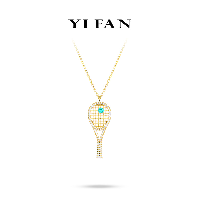 Paraíba Color collection: Modern "Neon Blue Dazzling Golden Tennis Racket" exquisite Pendant/Necklace