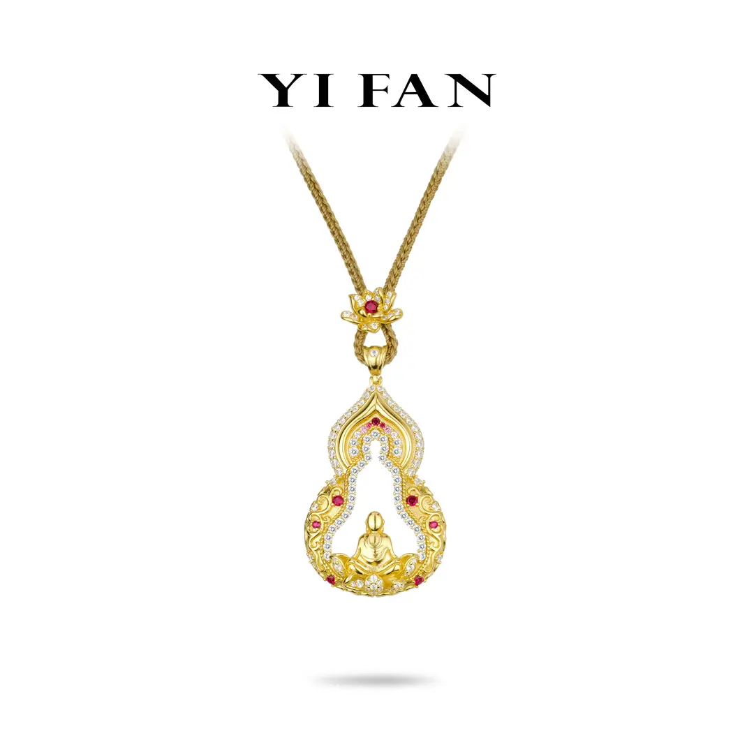 High Jewelry Divine Blessing Collection: Hand carved "Golden Pink Formless Buddha" detailed Pendant with hand-woven Rope Necklace (Unisex)
