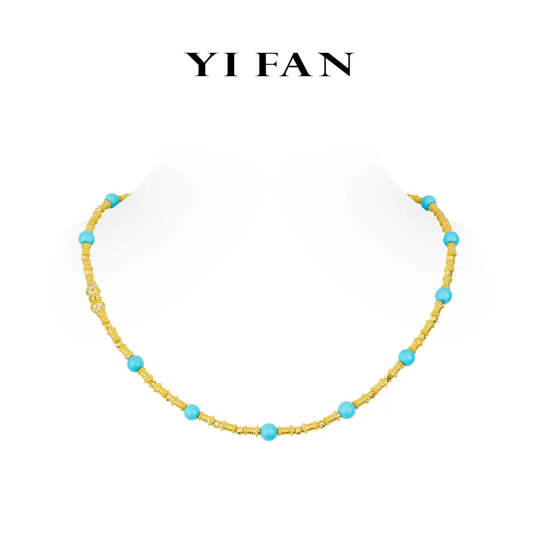 High Jewelry collection: Modern "Golden Cascade Azure Turquoise" detailed Necklace