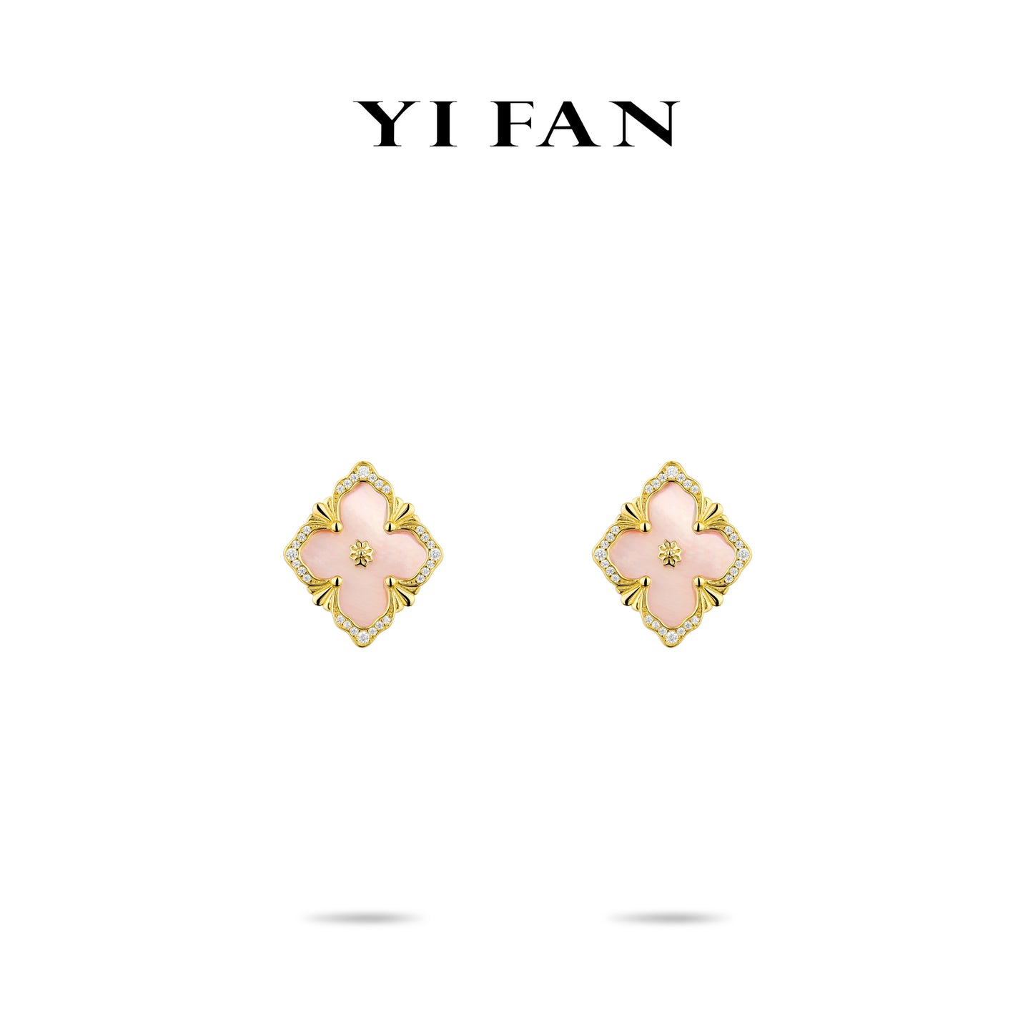 Golden time collection: Modern "Pink Mother-of-Pearl carved 4-petal Flowers" detailed Earrings