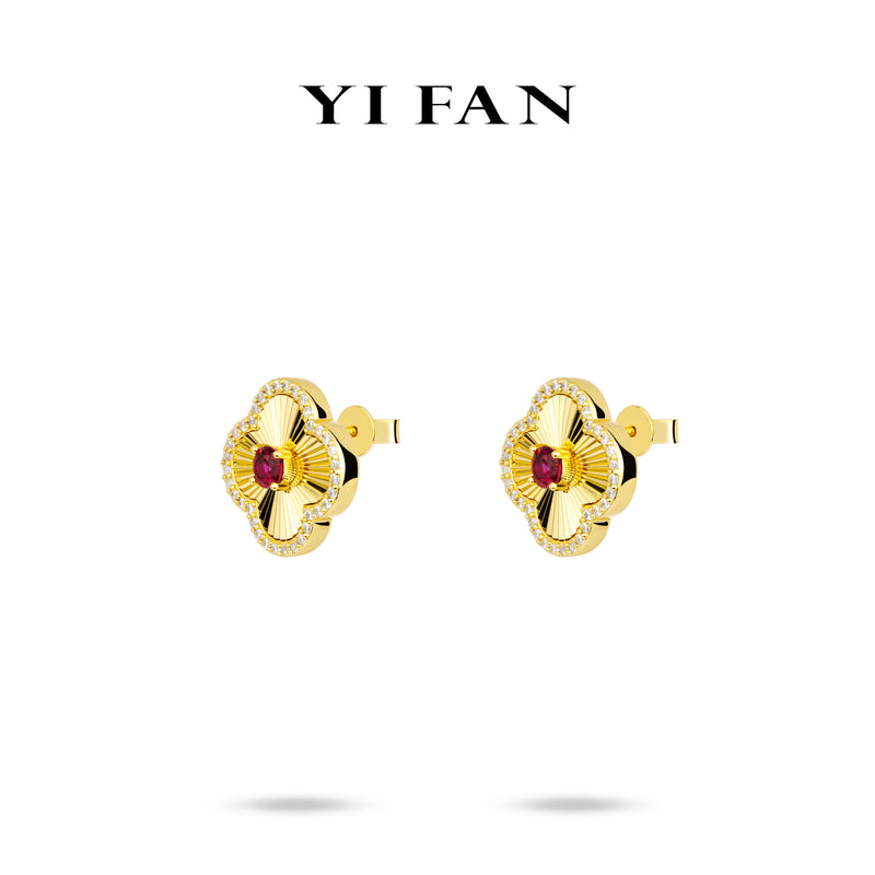 Ruby Color collection: Modern "Golden engraved Lucky Clovers" detailed CNC Ear Studs