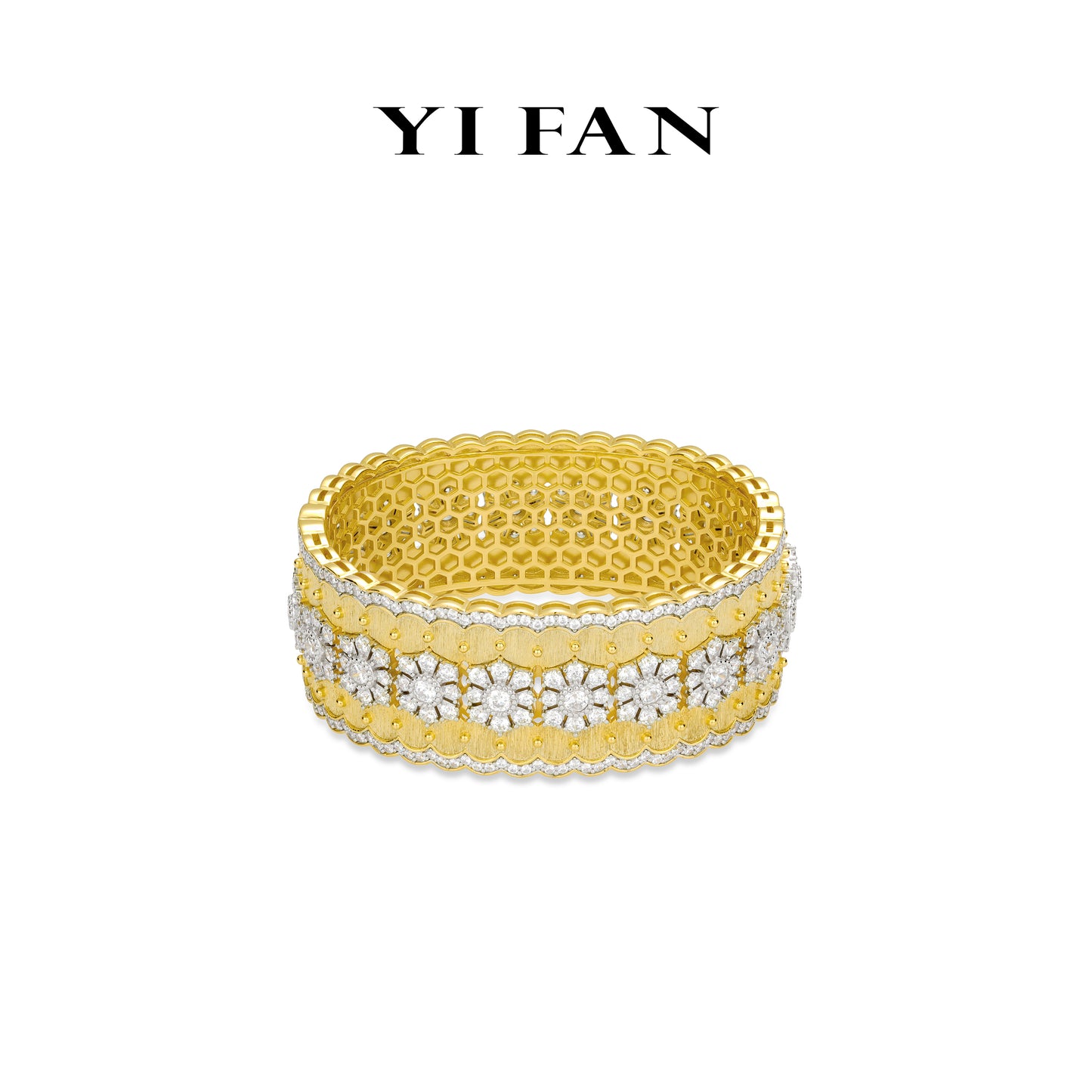 High Jewelry collection: Luxury Brushed "Dazzling Golden Paradise Flowers" detailed Wide Bangle/Bracelet