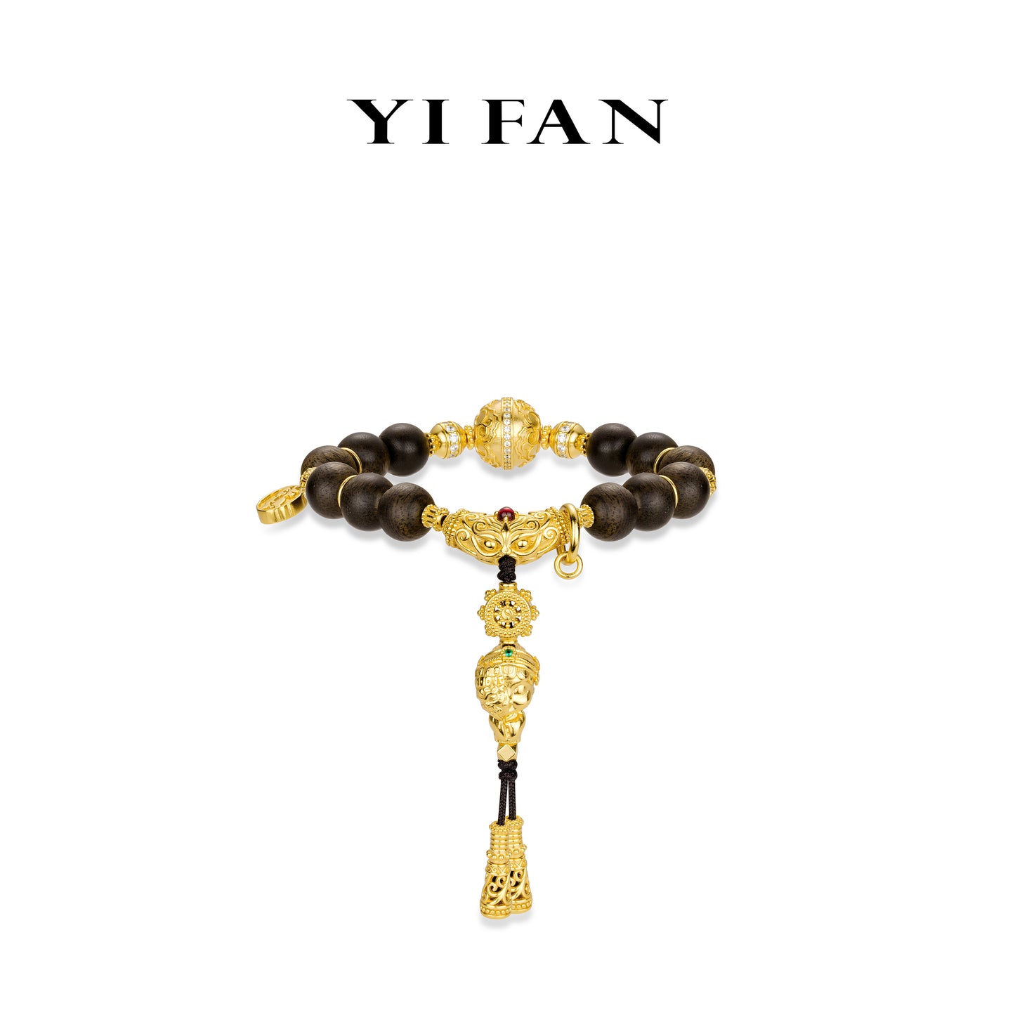 Pre-order High Jewelry collection: Hand carved "Golden Totems Treasure Ball with Agalloch Eaglewood beads" detailed Tassel Bracelet (Unisex)