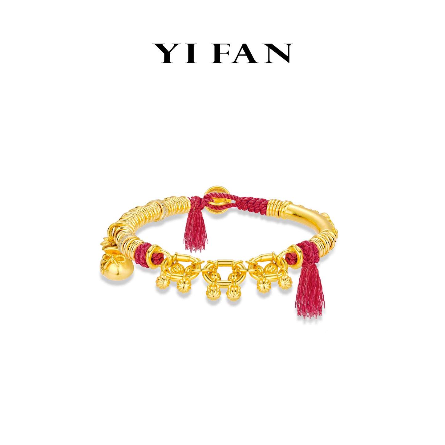 Pre-order Limited High Jewelry collection: Luxury Carved "Fruitful Golden Treasures" unique Bracelet with Hand-woven Wine-Red Rope