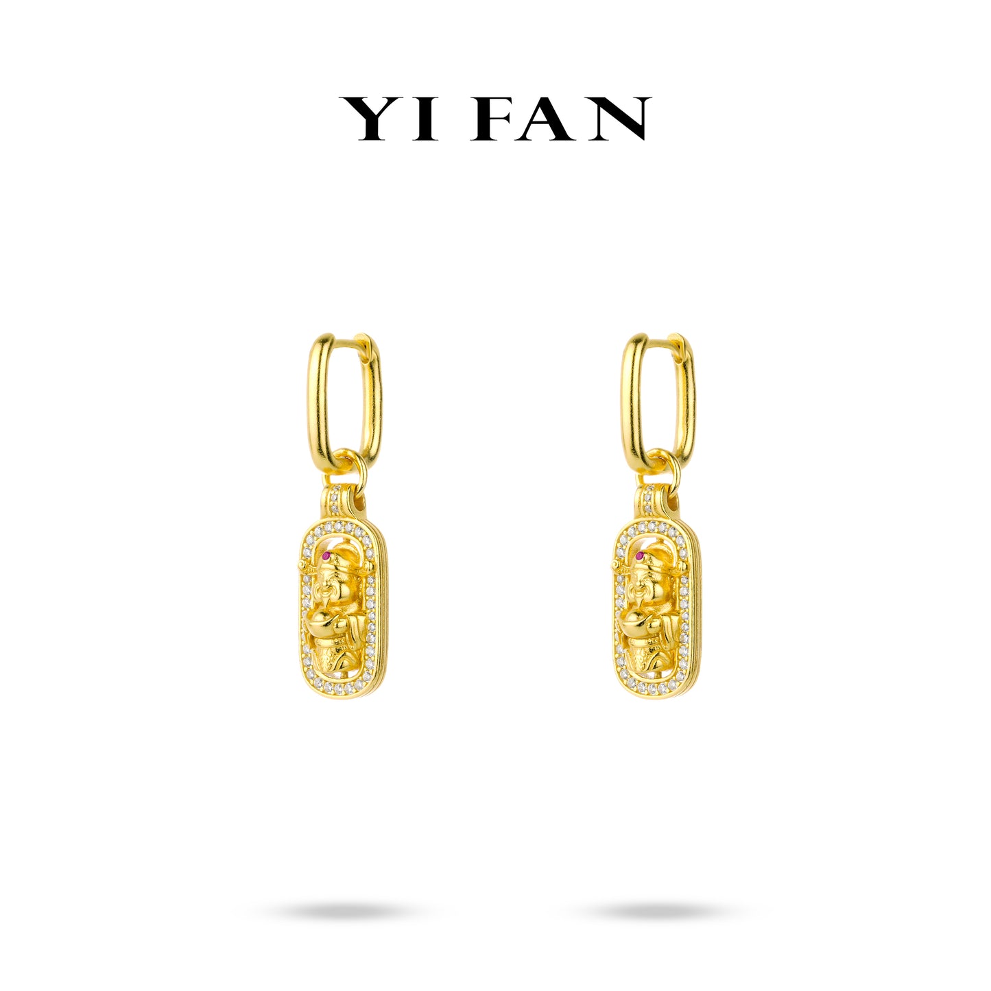 Divine Blessing Collection: Hand carved "Golden The God of Wealth" detailed Dangle Earrings