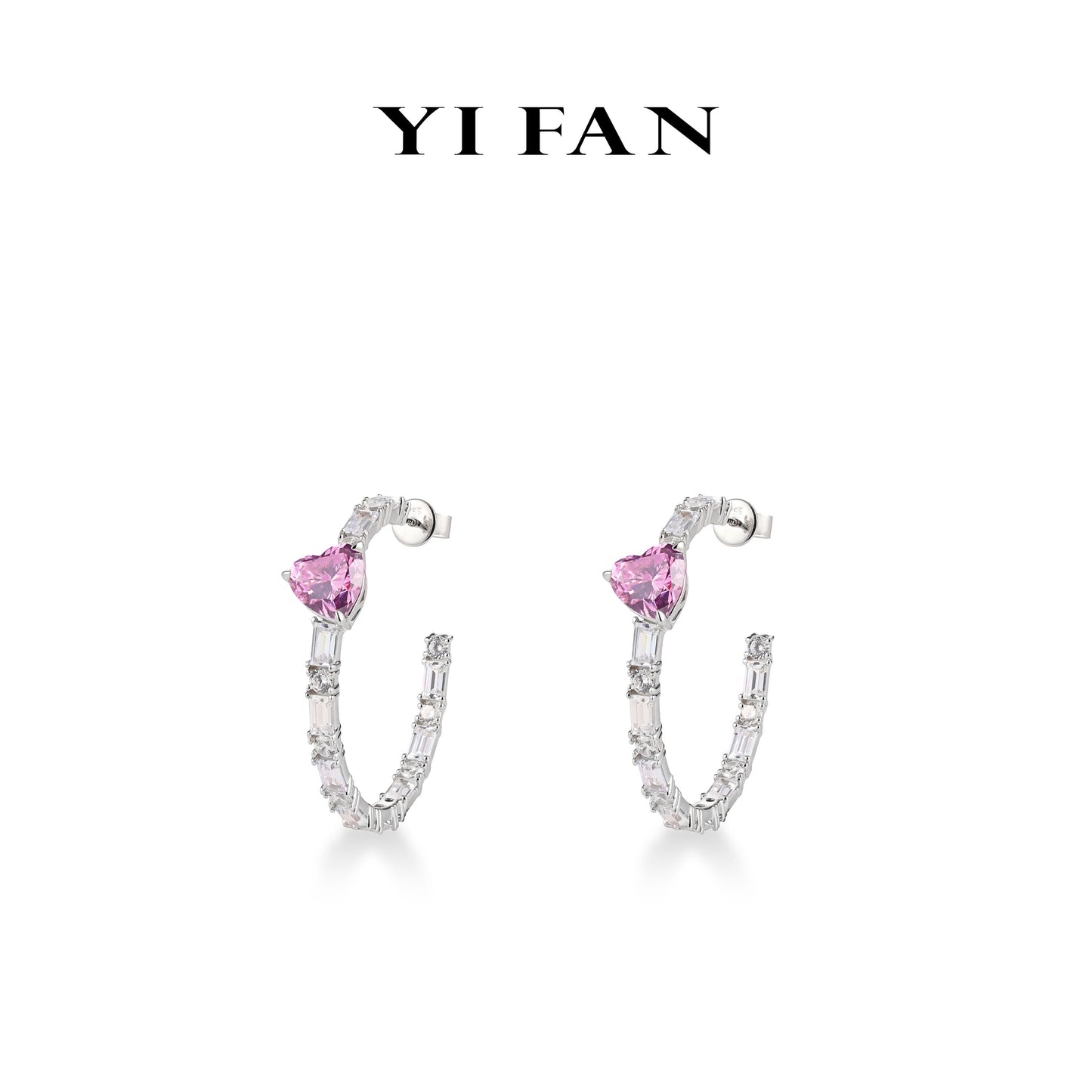 Pink diamond color collection: Modern "Pink Love Hearts" detailed hoop earrings (Big size)
