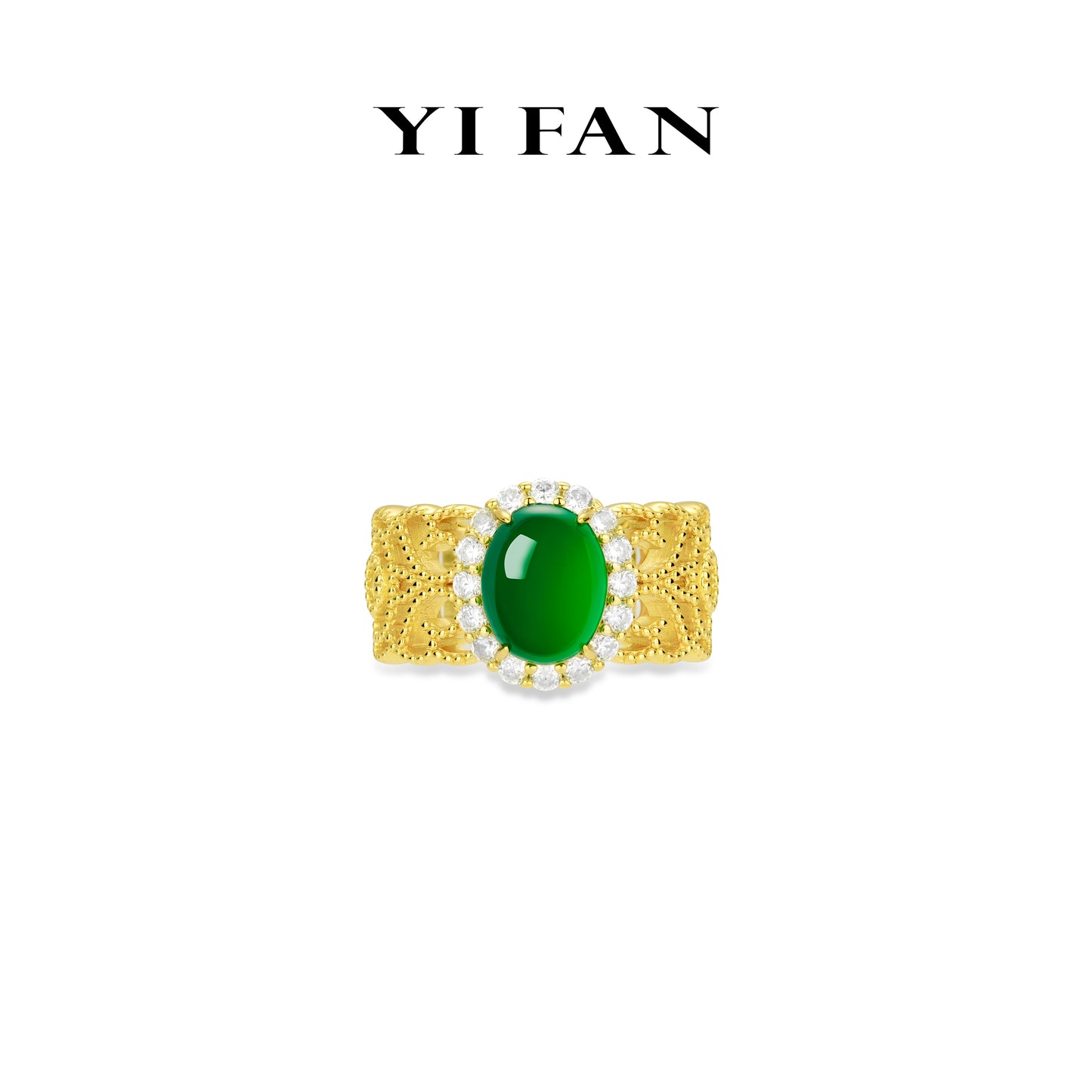 Green jade collection: Modern "Golden Green Luminous Pearl" exquisite Wide band Lace Ring