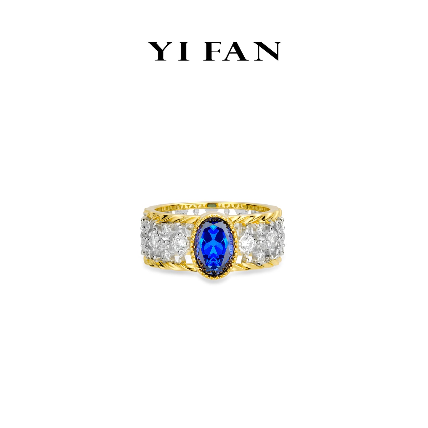 Sapphire color collection: Golden edge "Vibrant Blue Starry Sea" Wide band Lace Ring
