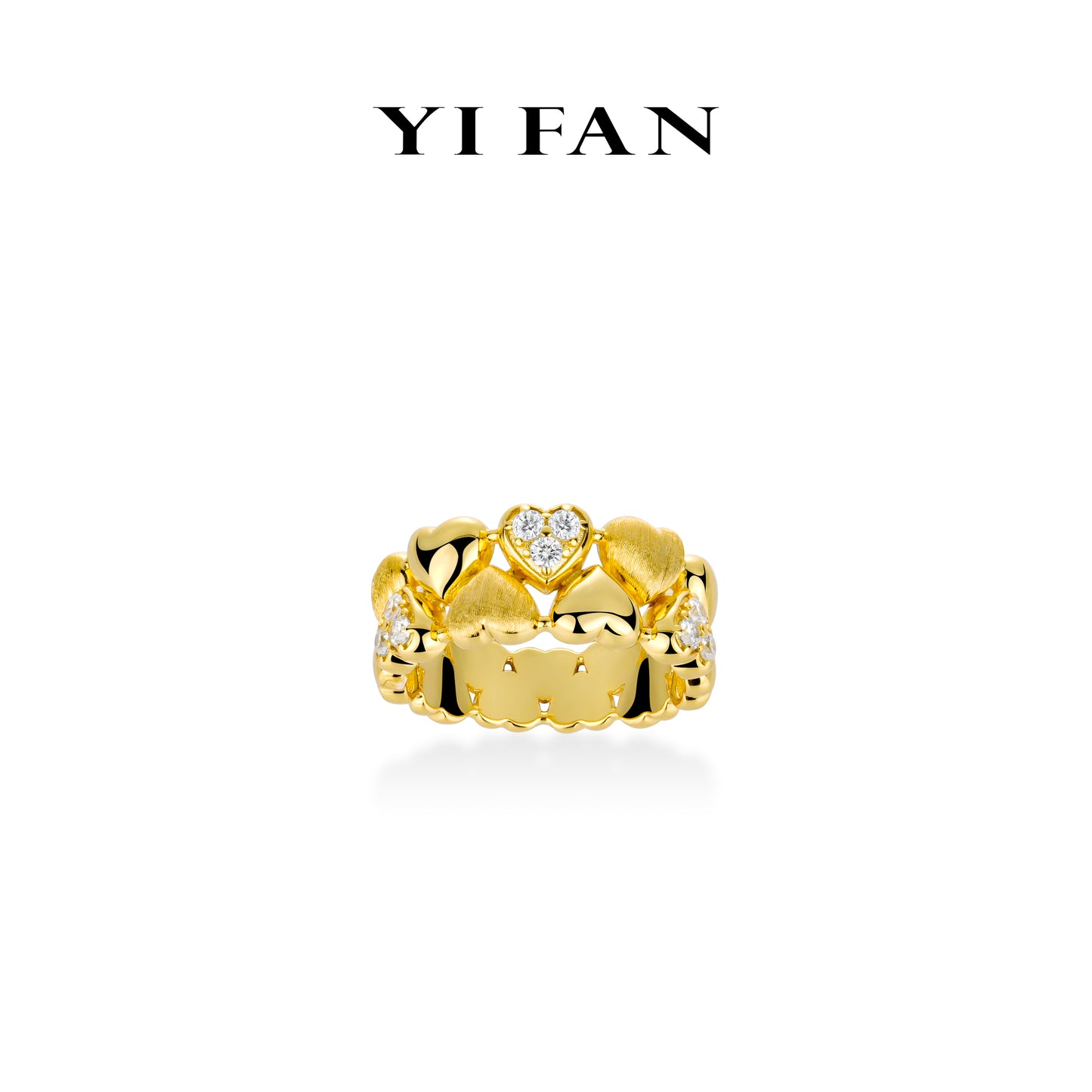 Golden time collection: 3 textures "Dazzling Brushed and Polished Hearts" Modern Ring