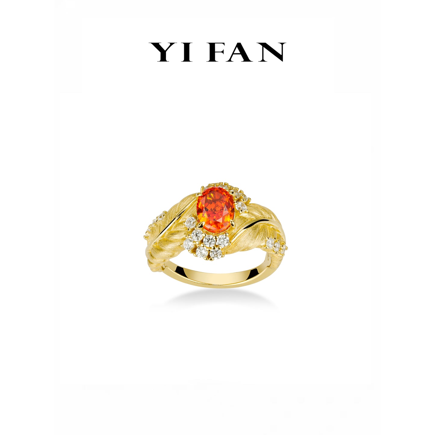 Padparadscha color collection: Modern Brushed "Golden Sunset Weaving Palm" exquisite Ring