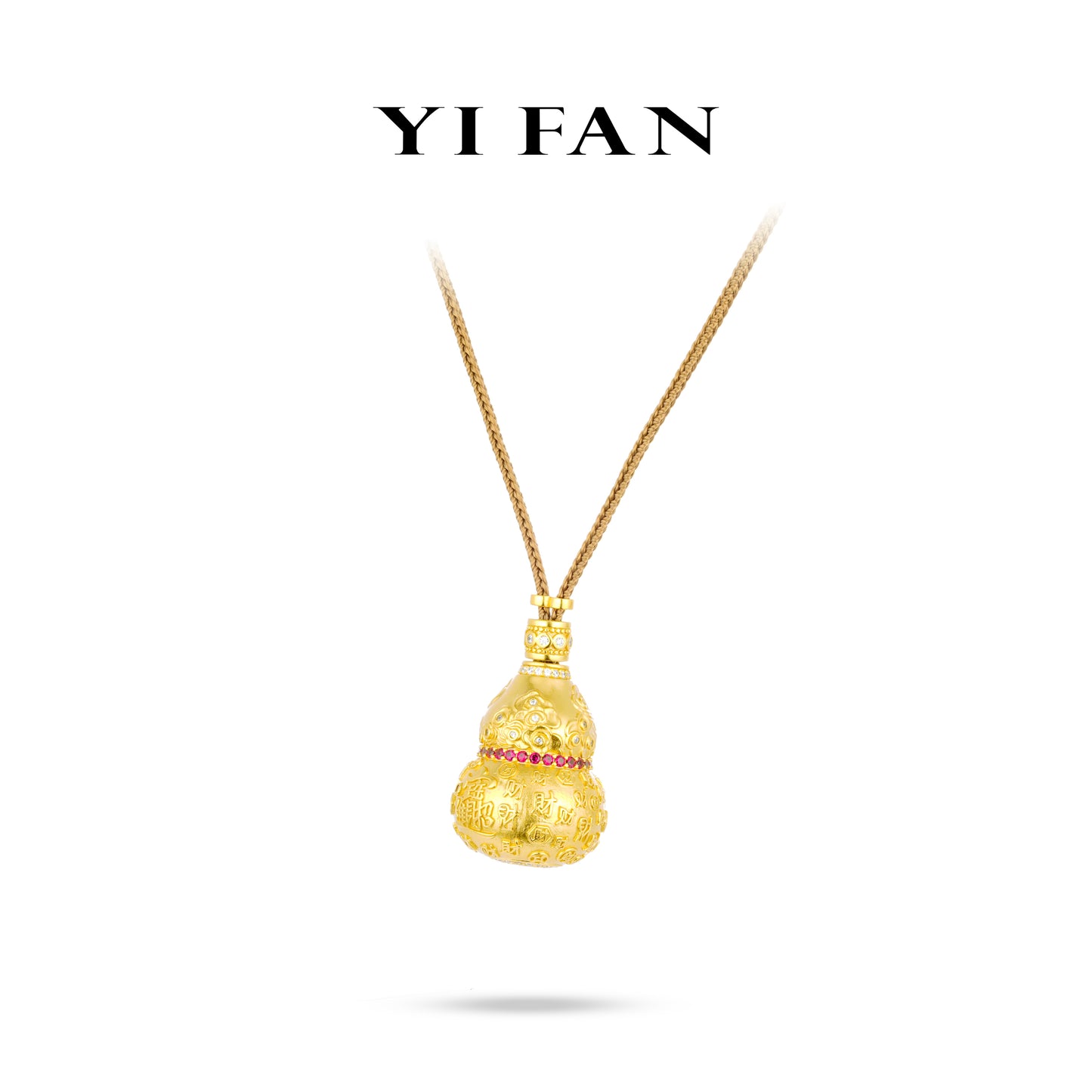 High Jewelry collection: Golden "3D intricate Carving Pattern Wealth Attracting Gourd" detailed Hulu Pendant/Necklace (with Hand-woven Khaki string/cord and hidden statue)