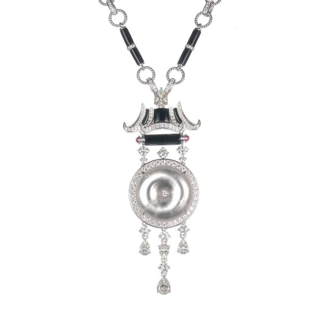 High Jewelry collection:Icy Burmese Jade Safety Buckle "Ping An Kou" Palatial Necklace with unique long chain