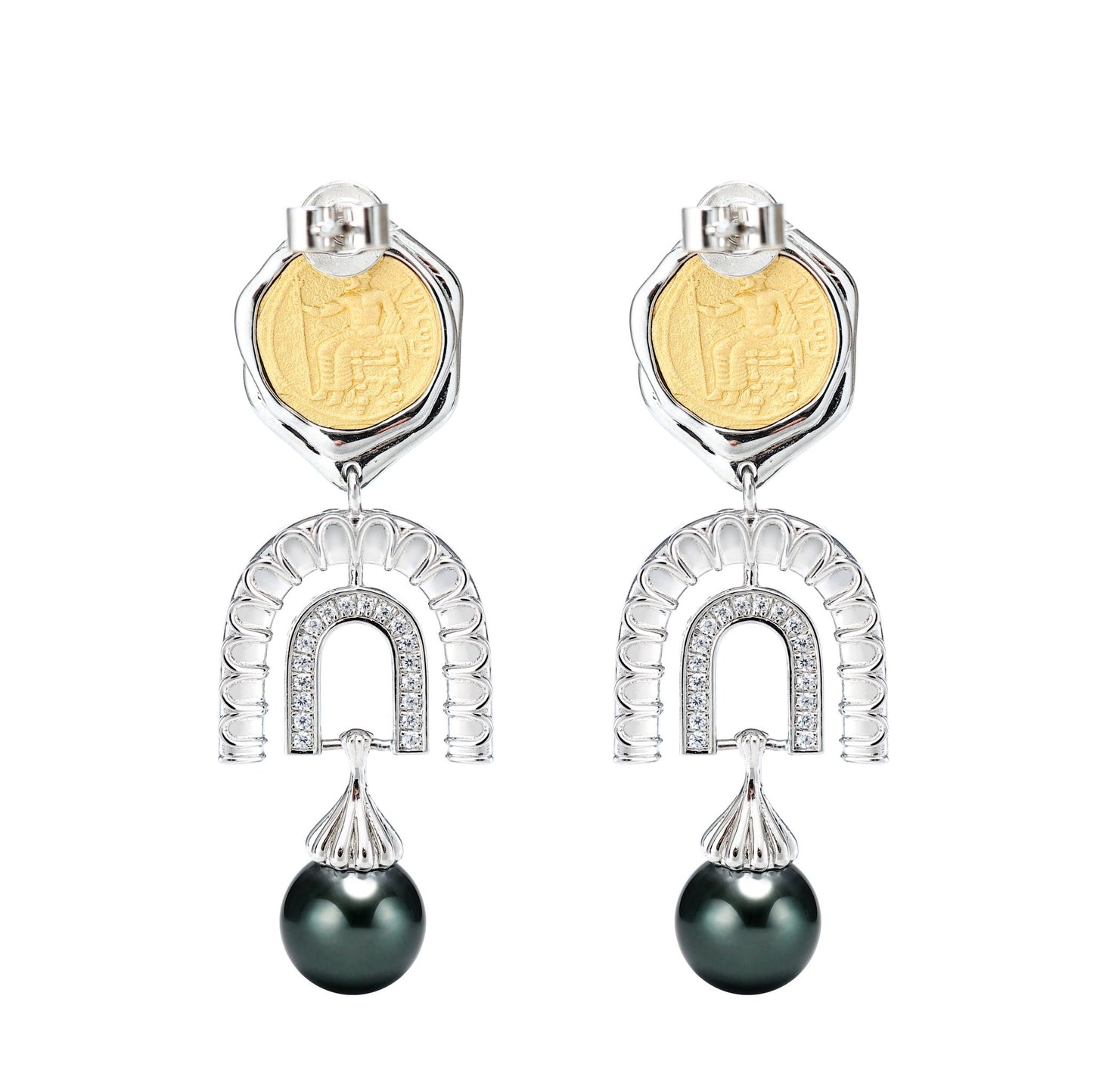 Micro-setting ancient coin Lab created stones Grey shell pearl God of War Ares cage earrings , sterling silver