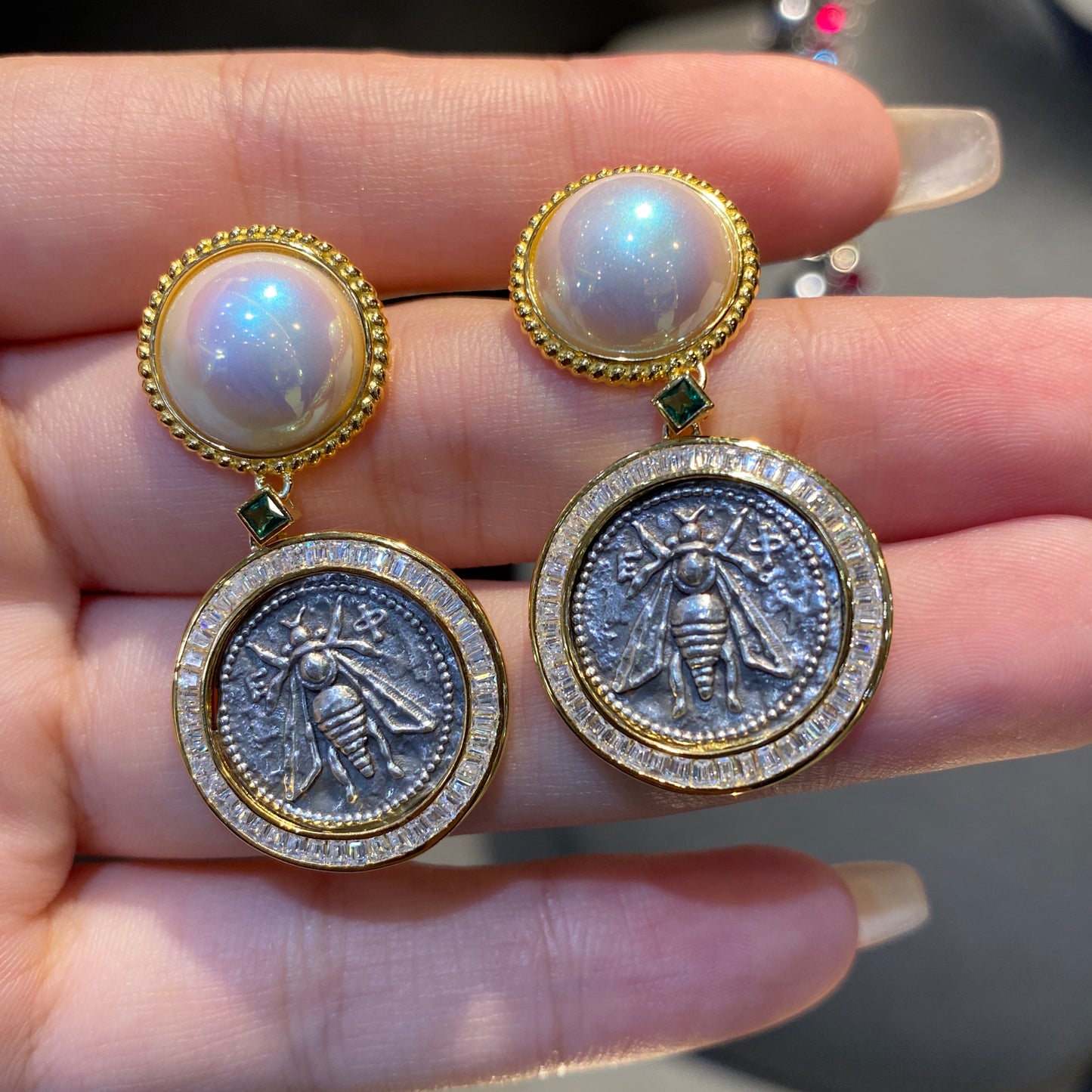 Micro-setting two-sided ancient coin Goddess of the Moon and bee earrings.sterling silver