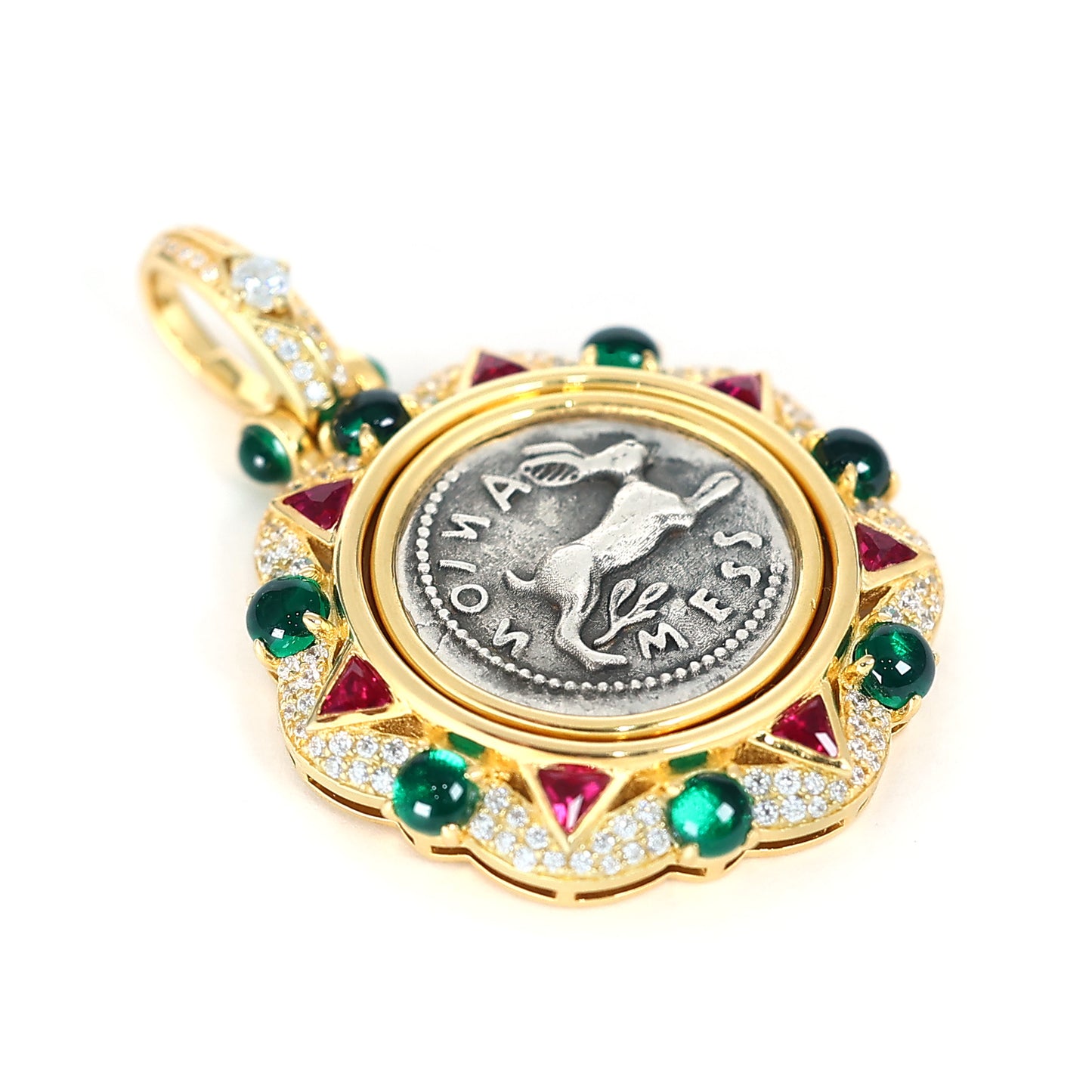 Pièce antique recto-verso à micro-sertissage Pendentif rotation Pierre Lapin, argent sterling.