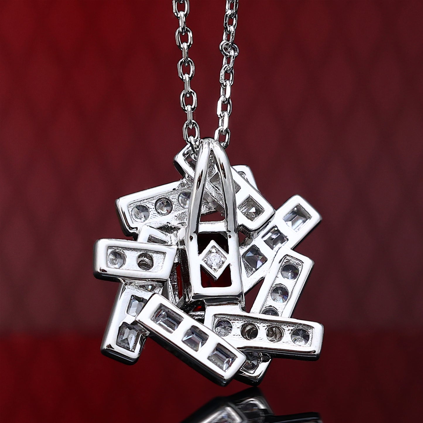 Sepcial offer Micro-setting Ruby color Lab created stones Edges and corners irregular necklace, sterling silver