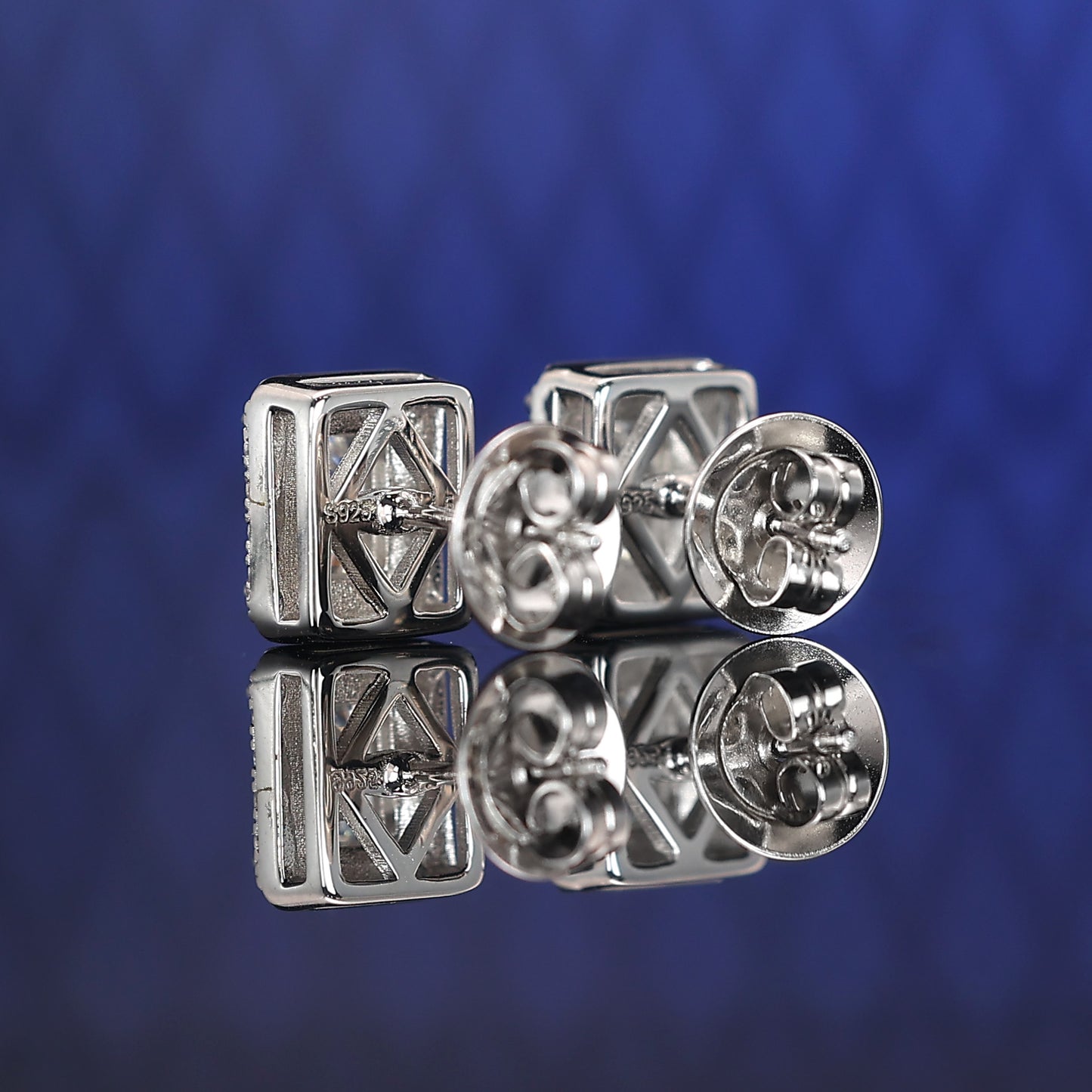 Welfare Exclusive emerald-cut Lab created stones rectangular shape ear studs, sterling silver.(4.4 carat)