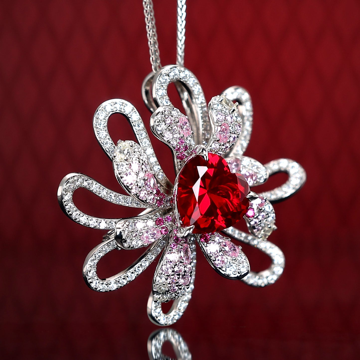 Micro-setting Ruby color Lab created stones Lace heart artistic multi-purpose brooch and pendant, sterling silver