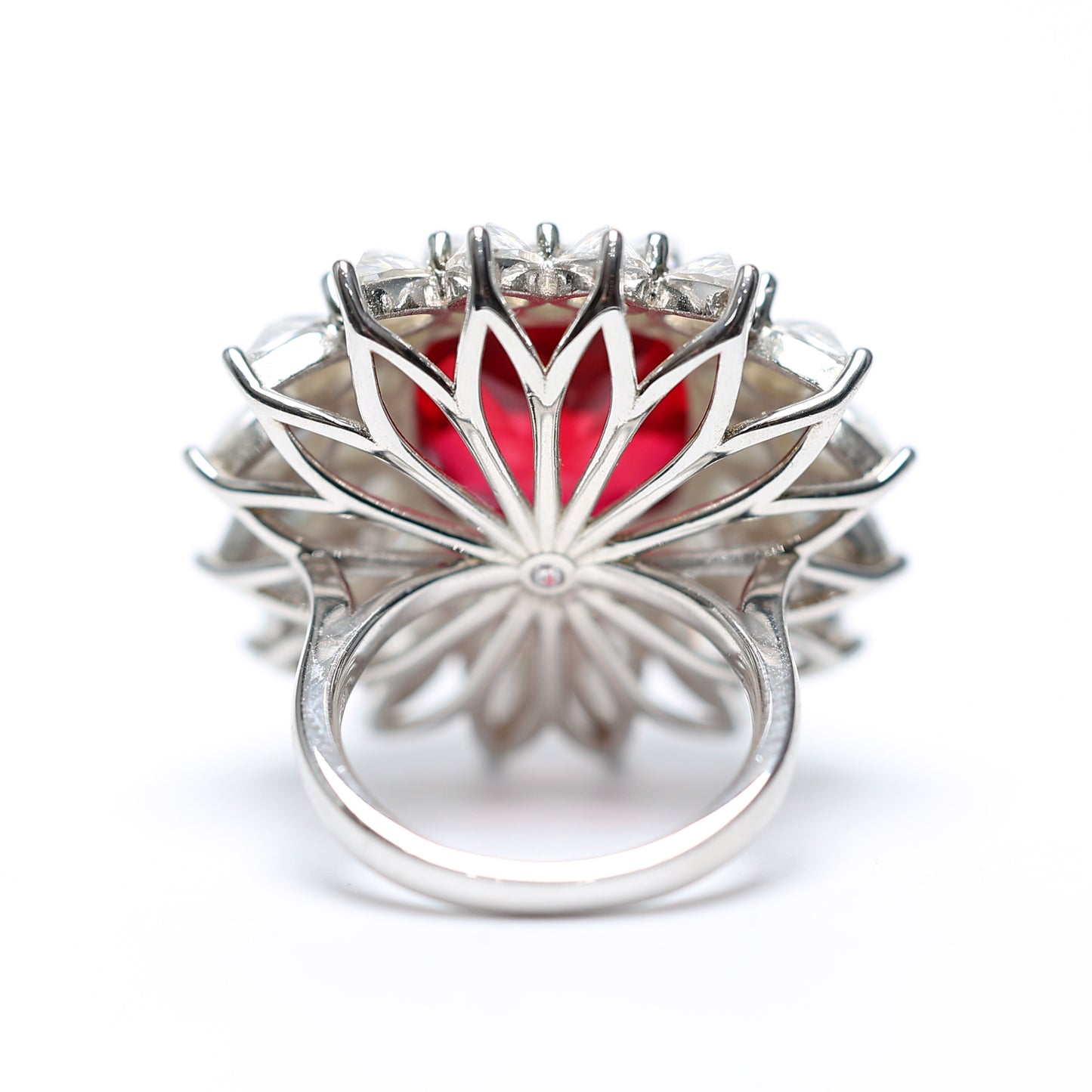 Couleur rubis micro-serti Pierres créées en laboratoire Bague tournesol fantaisie, argent massif. (14 carats)