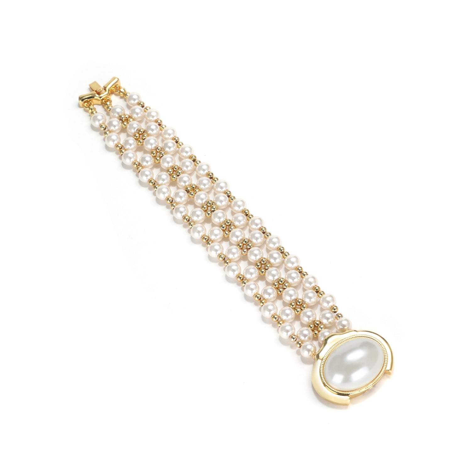 Reservation design Retro style Fashion bracelet, brass with white ABS pearls and 18K yellow gold plating