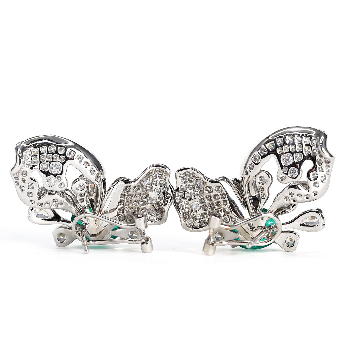 Customized design Micro-setting oval emerald color lab created stones fancy butterfly earrings, sterling silver