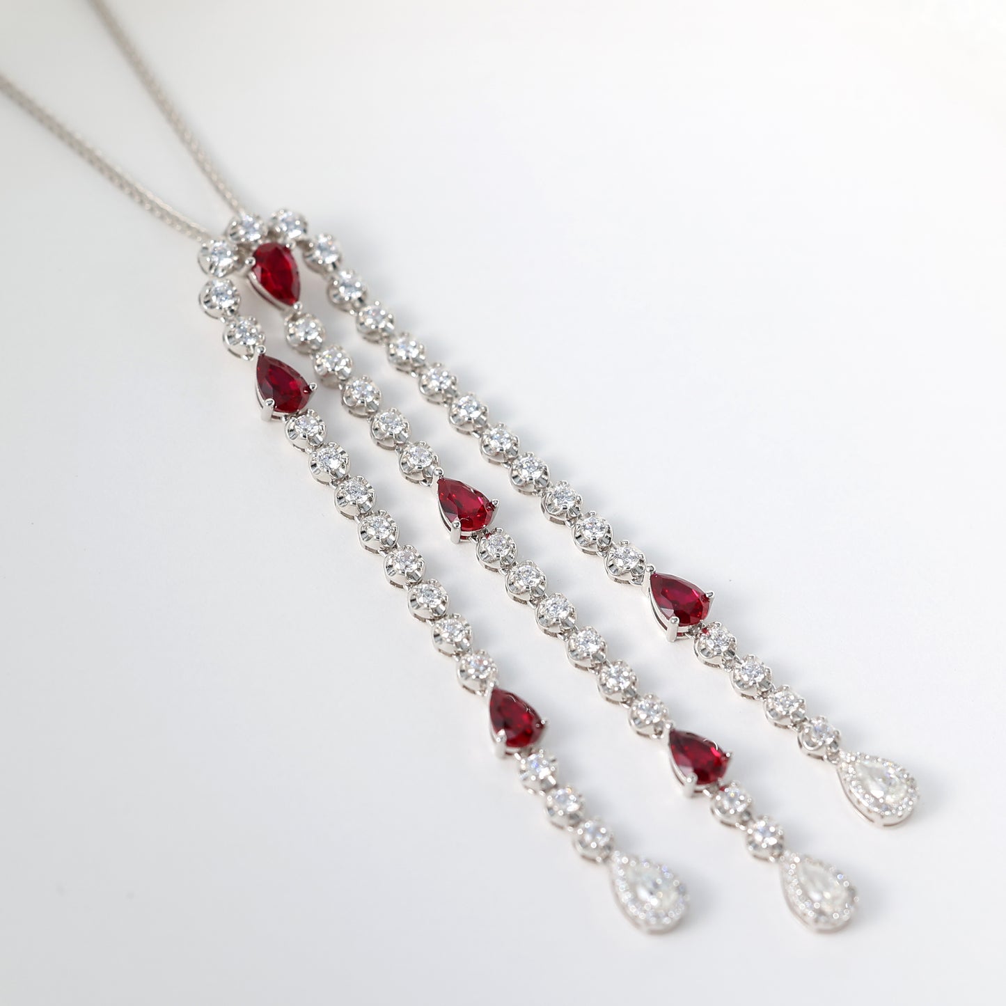 Micro-setting water drop Ruby color bubble chain tassel necklace, sterling silver