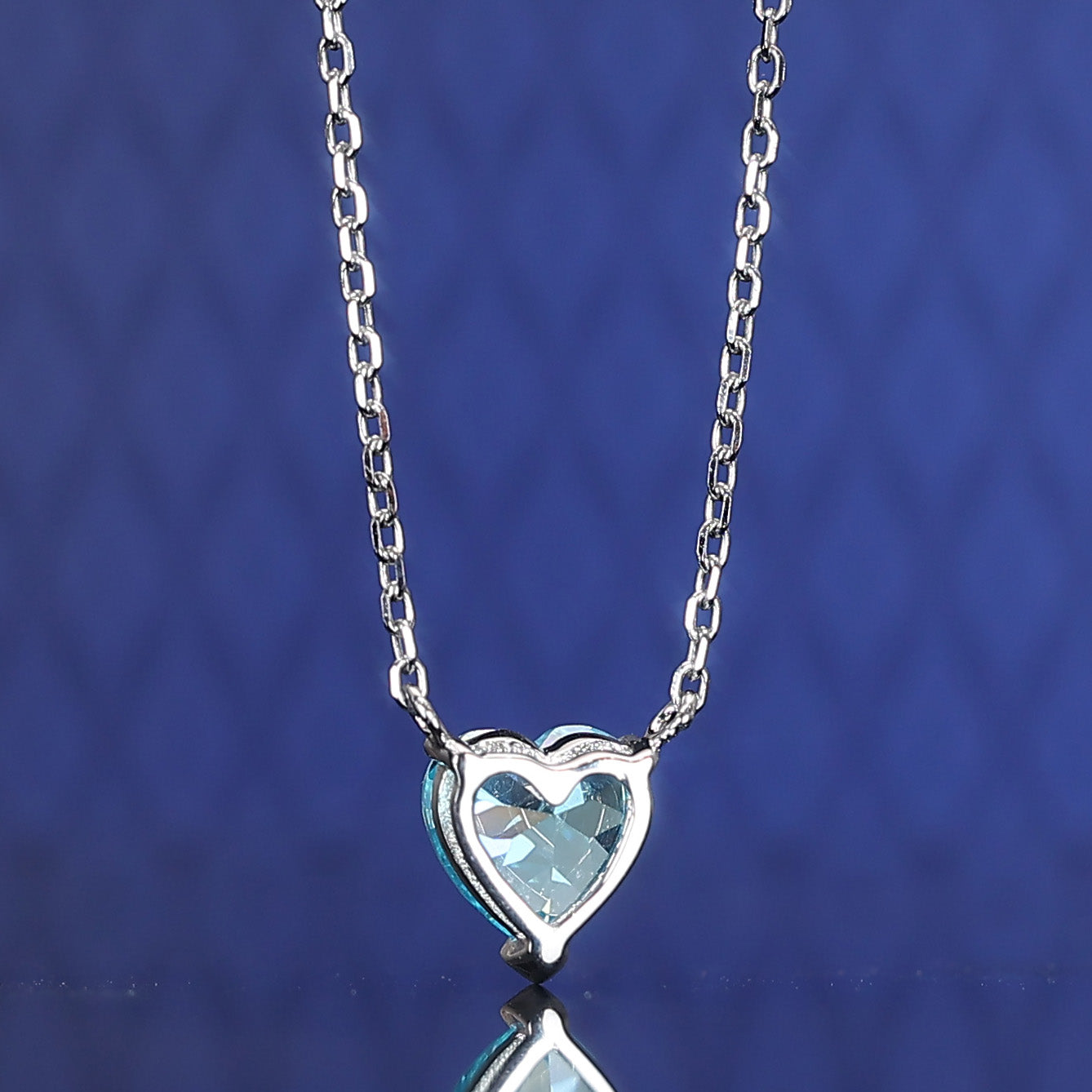 Micro-setting Aquamarine color Lab created stones small heart shape necklace, sterling silver