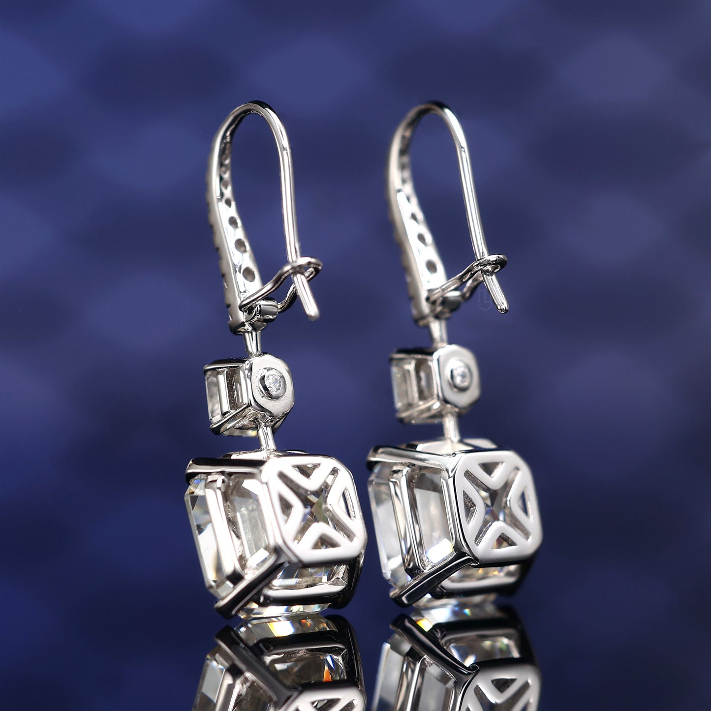 Special offer Royal Asscher Cut Lab created stones hook earrings, sterling silver.