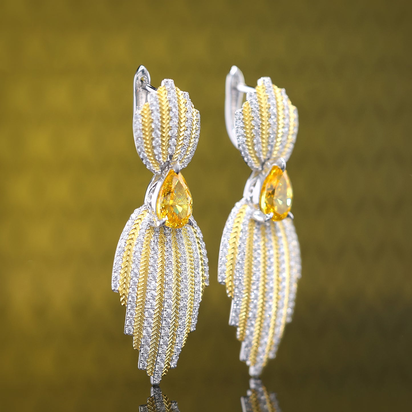 Micro-setting yellow diamond color lab created stones teardrop golden time earrings, sterling silver