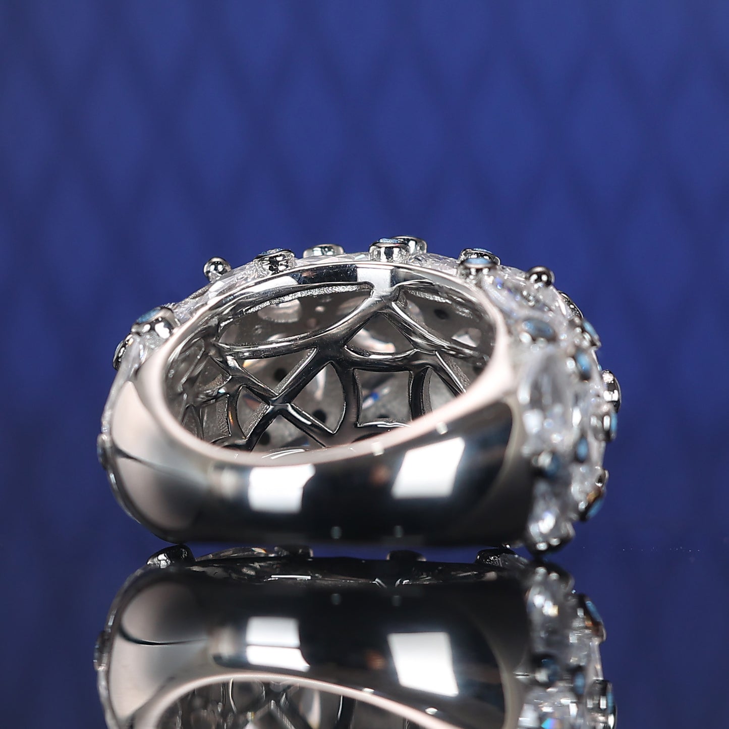 Limited edition Micro-setting clear and blue diamond color Lab created stones Bright Moon ring, sterling silver