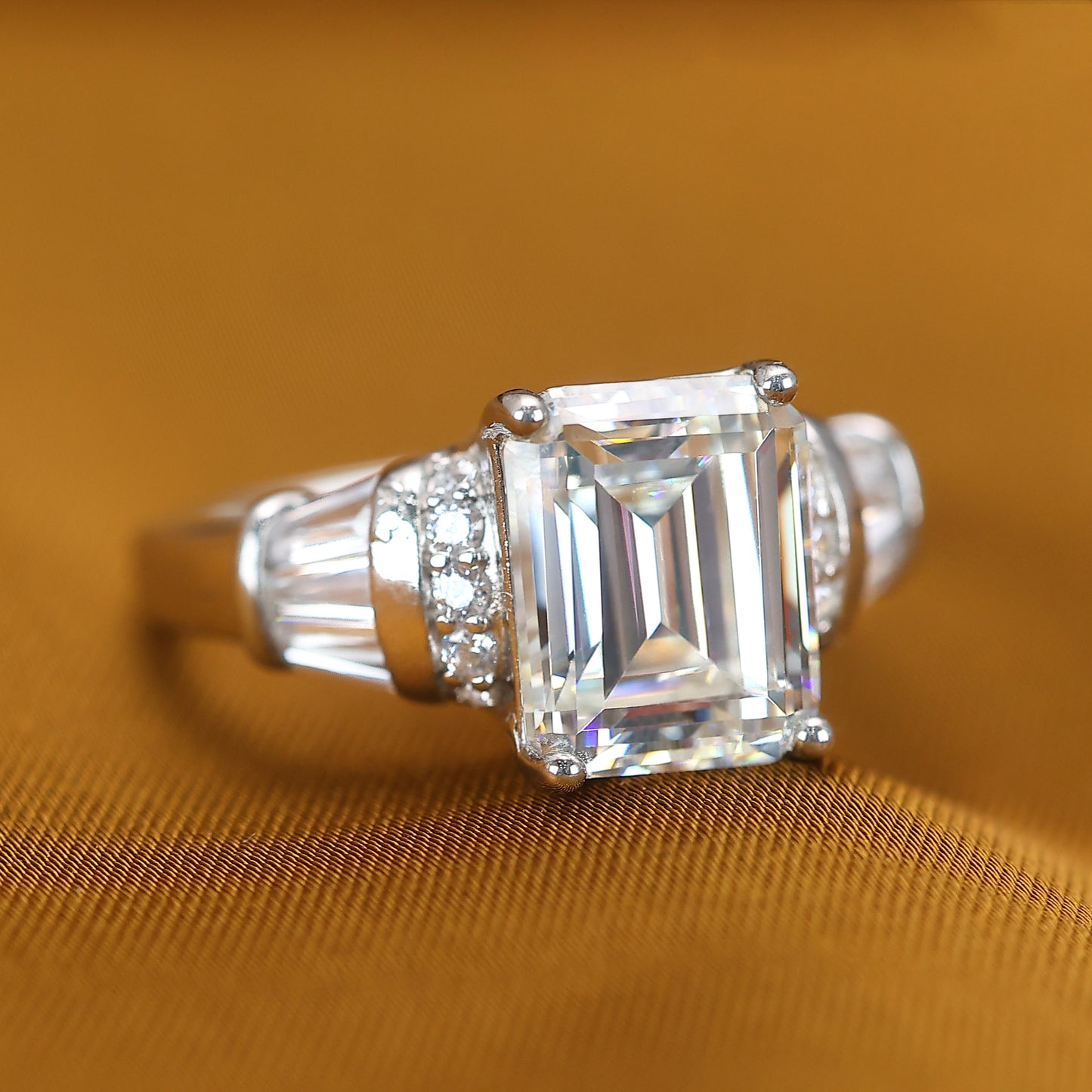 Micro-setting emerald-cutting Lab created stones elegant ring, sterling silver