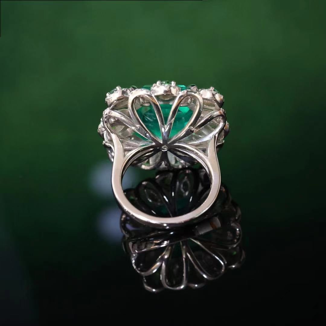 Micro-setting Emerald color square shape Lab created stones peacock tail ring, sterling silver