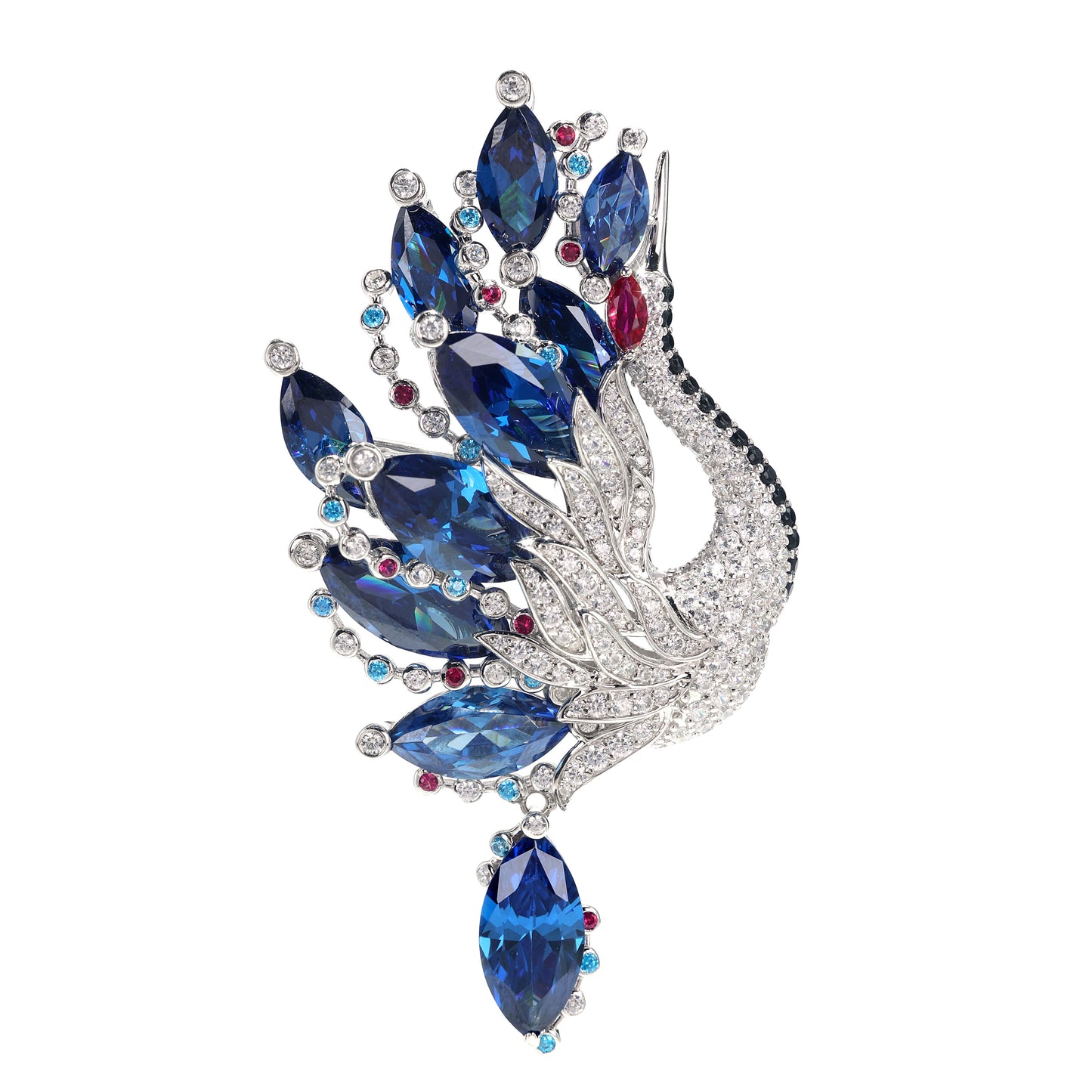 Reservation designMicro-setting clear diamond and Sapphire color Lab created stones the dance of the red-crowned crane multi-purpose brooch and pendant, sterling silver