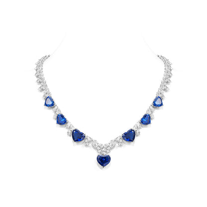 Exquisite Sapphire color lab created stones The hearts of the ocean Collar tennis necklace, sterling silver