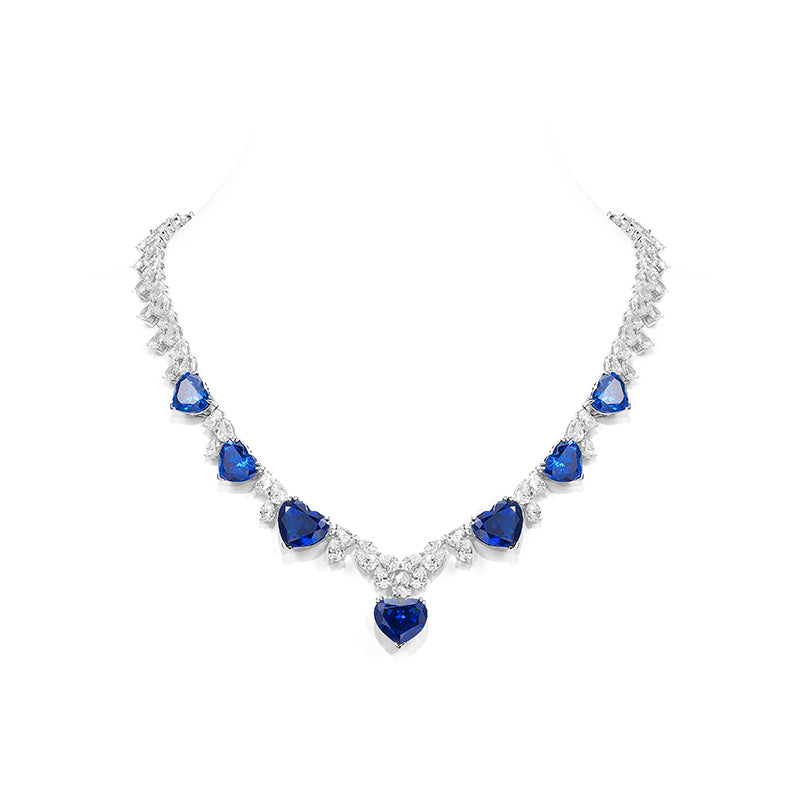 Exquisite Sapphire color lab created stones The hearts of the ocean Collar tennis necklace, sterling silver