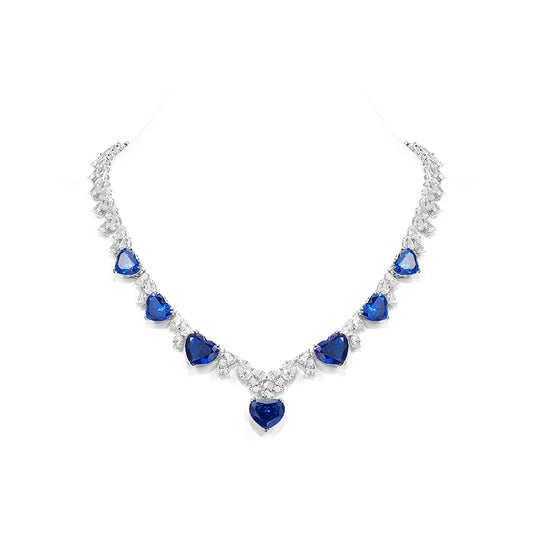 Exquisite Sapphire color lab created stones The hearts of the ocean Collar tennis necklace, sterling silver