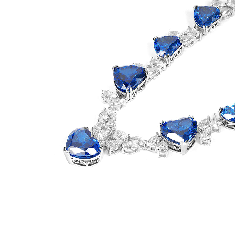 Exquisite Sapphire color lab created stones The hearts of the ocean Collar tennis necklace, sterling silver