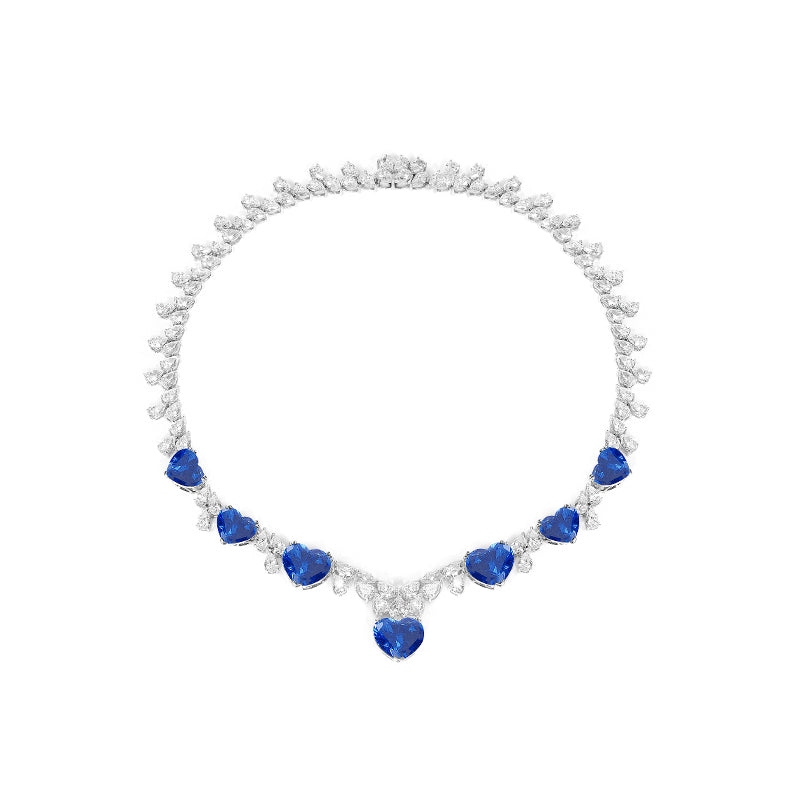 Exquisite Sapphire color lab created stones The hearts of the ocean Collar tennis necklace, sterling silver