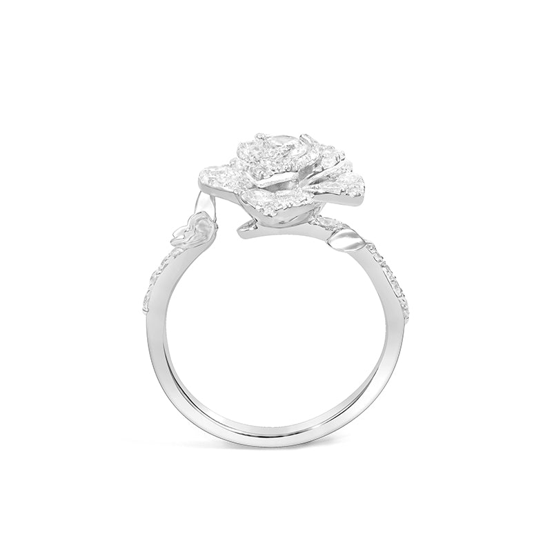 Micro-setting Clear diamond color Lab created stones Camellia ring, sterling silver