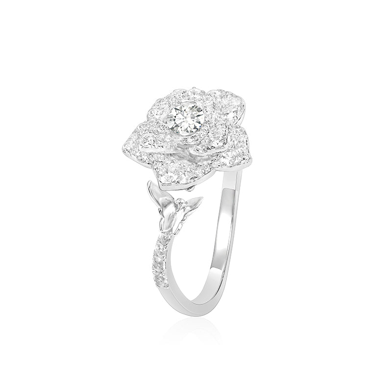 Micro-setting Clear diamond color Lab created stones Camellia ring, sterling silver