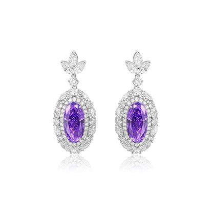 Pre-order customized oblong shape earring designs featuring a captivating combination of purple diamond color, oblong shape, and a dangle luxurious design