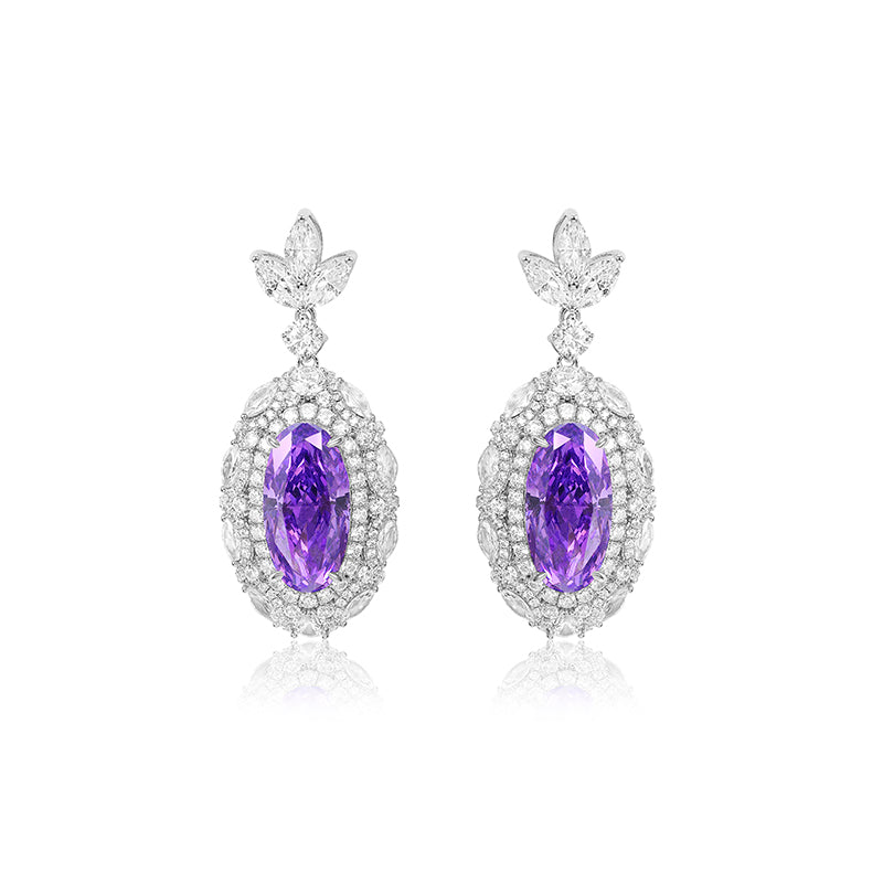 Pre-order customized oblong shape earring designs featuring a captivating combination of purple diamond color, oblong shape, and a dangle luxurious design