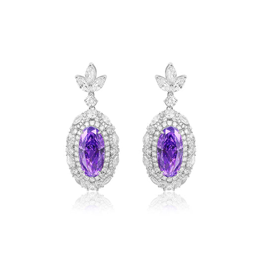 Pre-order customized oblong shape earring designs featuring a captivating combination of purple diamond color, oblong shape, and a dangle luxurious design